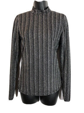 Guess Silver Striped Mockneck Top Small Disco Metallic Shimmer Long sleeve Black